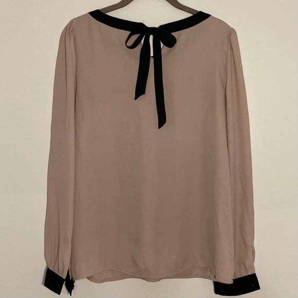 LOFT Blouse Tan with Black Ribbon | Size S | Adorable Bow | Holiday | Office - Picture 2 of 9